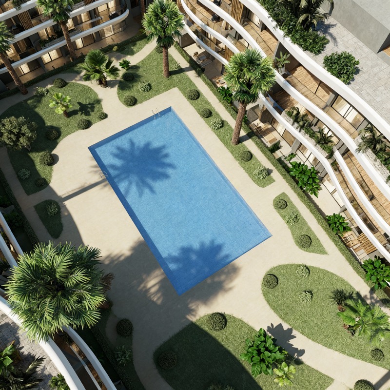 Vue aérienne de la piscine et des jardins