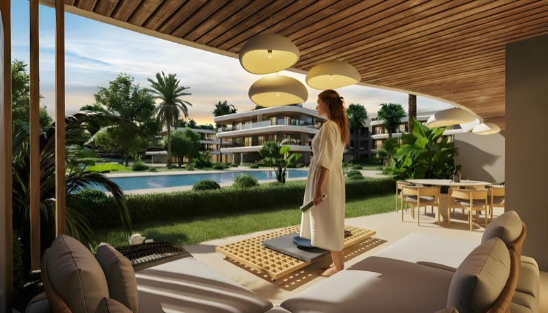 Vue depuis une terrasse sur les jardins tropicaux