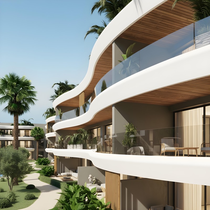 Détail des balcons courbes blancs et bois